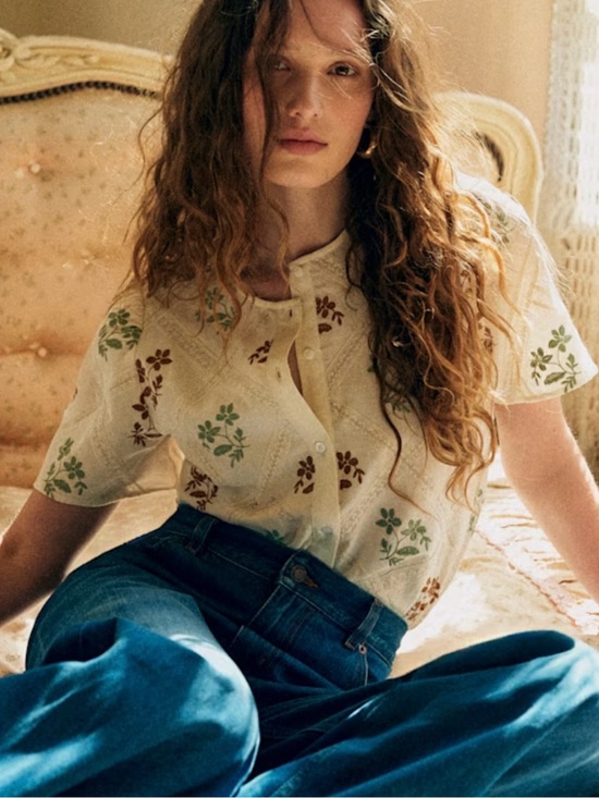 Sezane Tops - Sezane Amade Button Front Short Sleeve Top in Ecru With Embroidered Flowers, 34